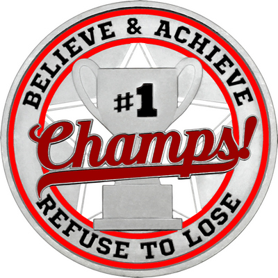 Maroon "Champs!" with Red Outer Circular Borders